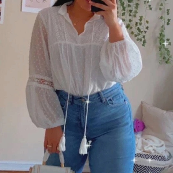 Boho White Swiss Dot Tassel Neck Tie Top - Picture 3 of 7